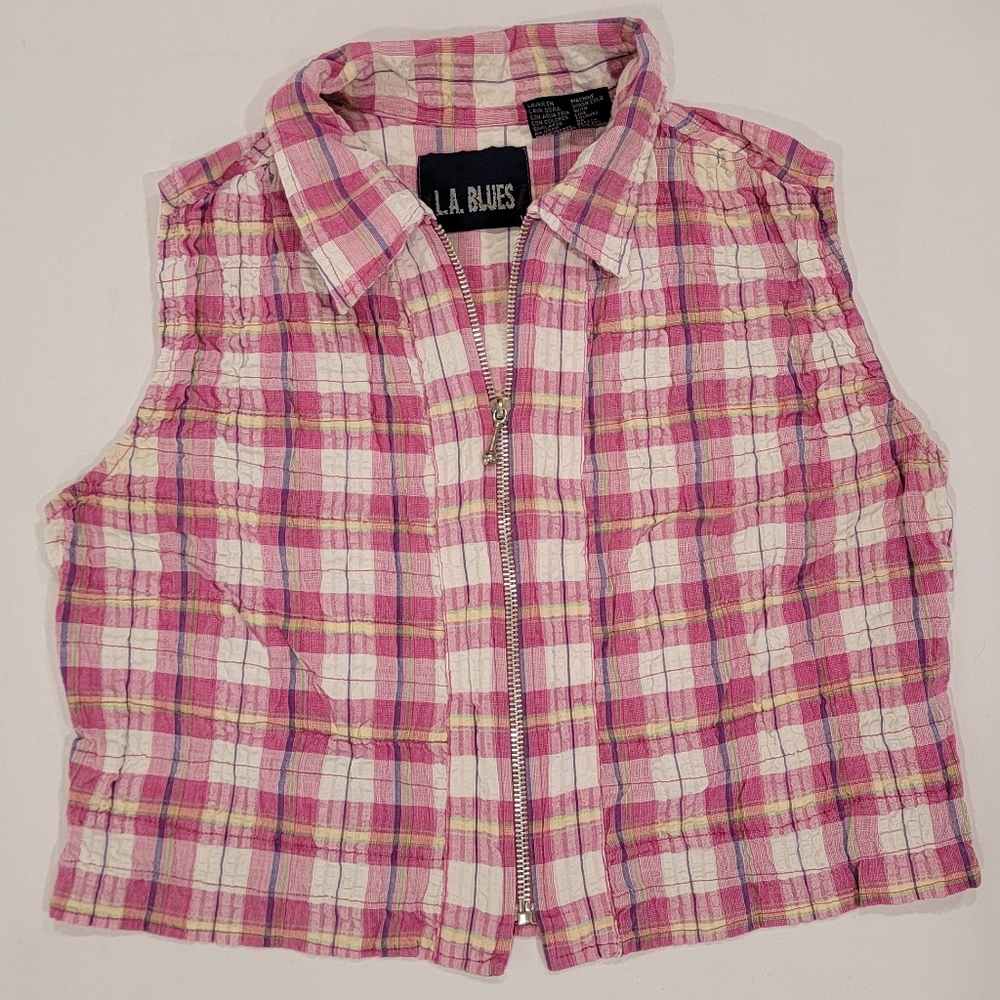 Vintage 90s Y2K LA Blues Zip Plaid Cotton Crop Vest Small